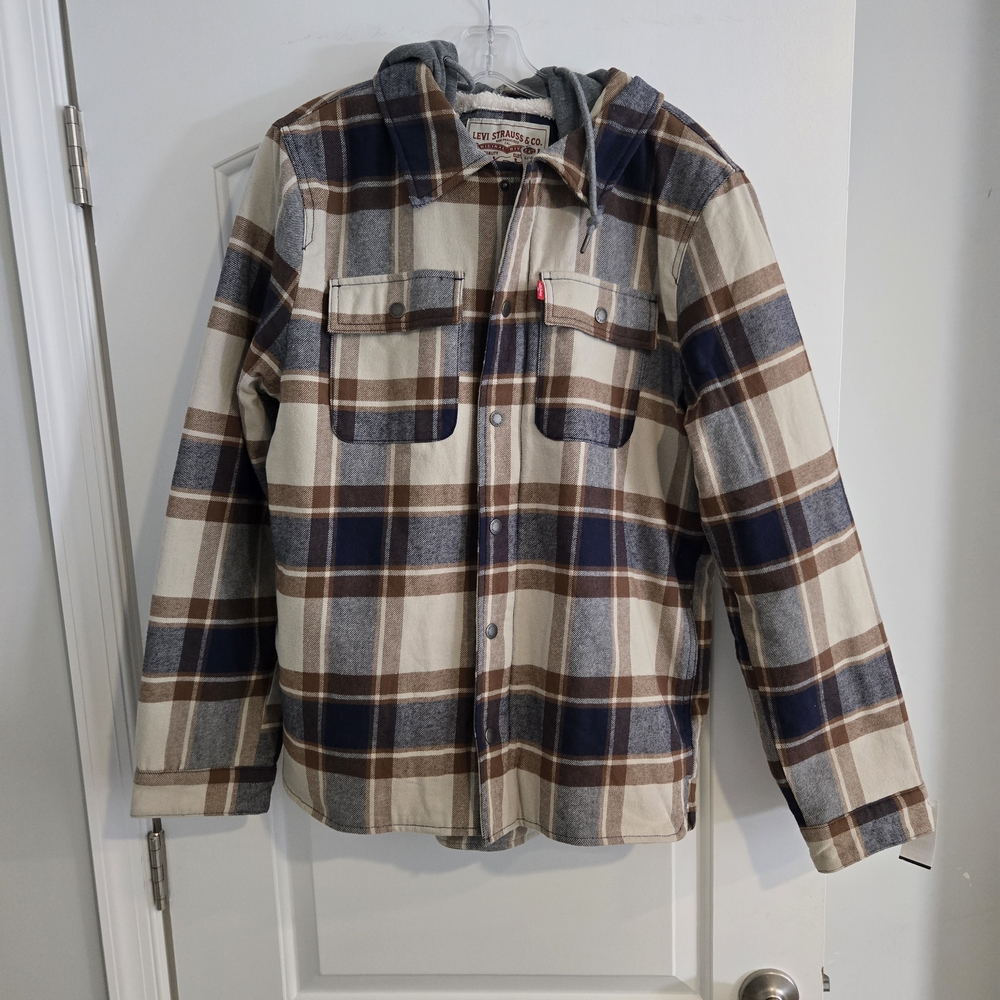 Levi's Sherpa Lined Plaid Hooded‎ Jacket Men's Size Medium Brown Tan Flannel